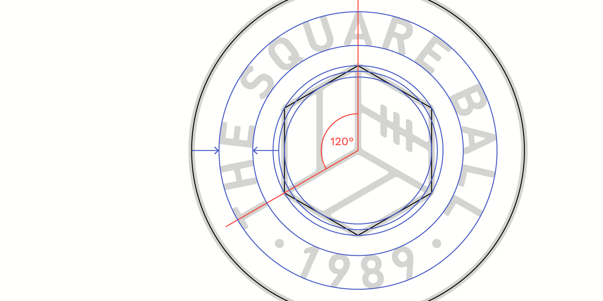 Construction lines underpinning the logo for The Square Ball.