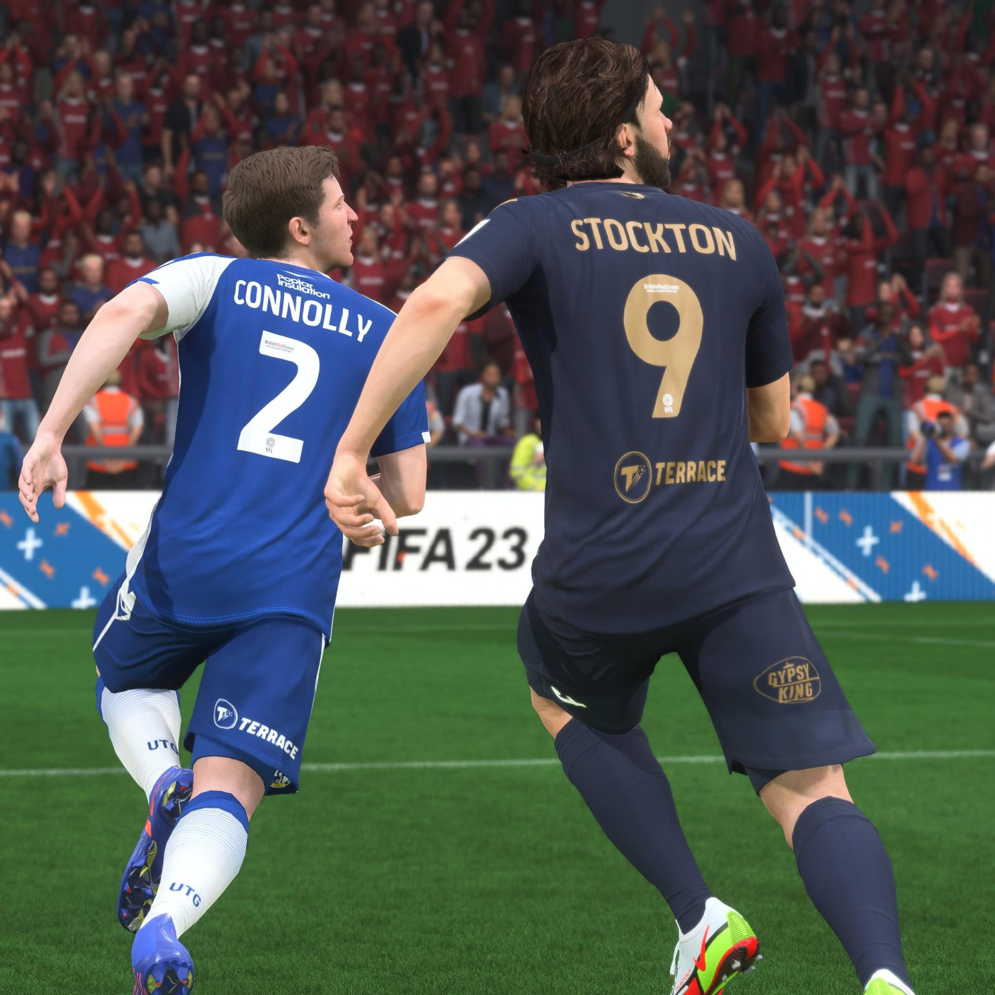 A screenshot from EA Sports FIFA showing The Terrace's kit sponsorship of Bristol Rovers and Morecambe.