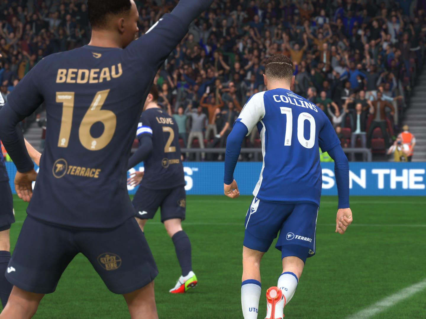 A screenshot from EA Sports FIFA showing The Terrace's kit sponsorship of Bristol Rovers and Morecambe.