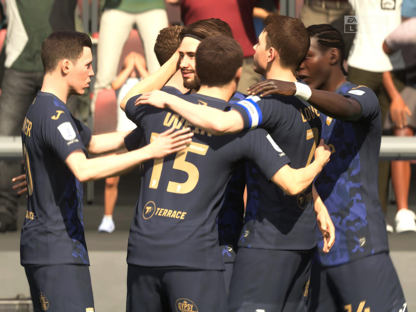 A screenshot from EA Sports FIFA showing The Terrace's kit sponsorship of Morecambe.